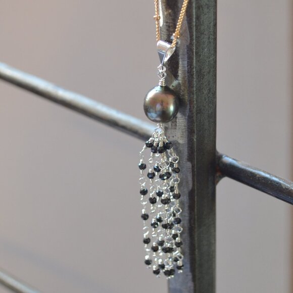 Tahitian Pearl Necklace with Black Gemstone Tassel in Gold and Silver - Picture 6 of 6